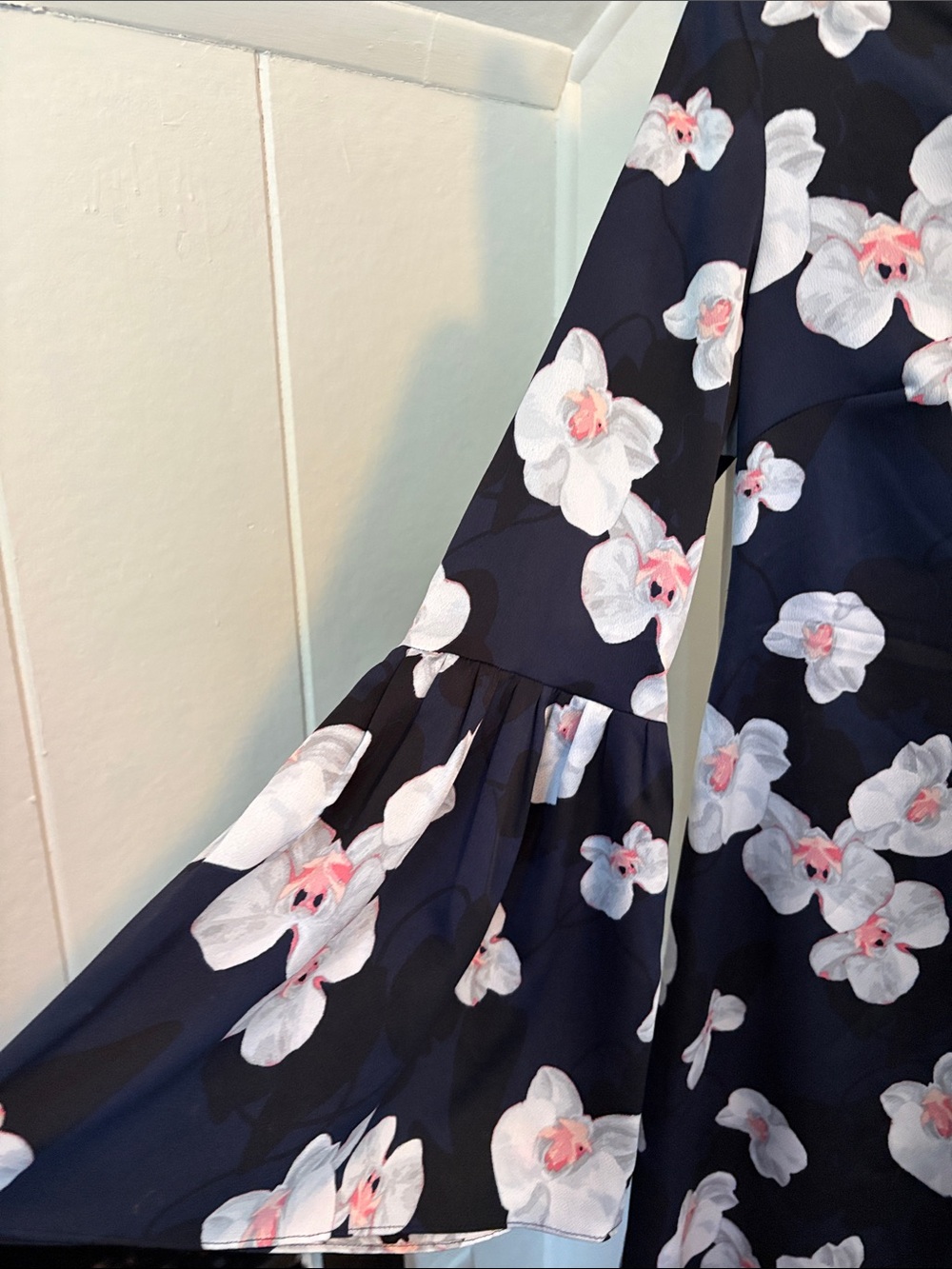 Banana Republic Navy Floral V-Neck Long-Sleeve Dress with Bell Cuffs - Picture 2 of 4